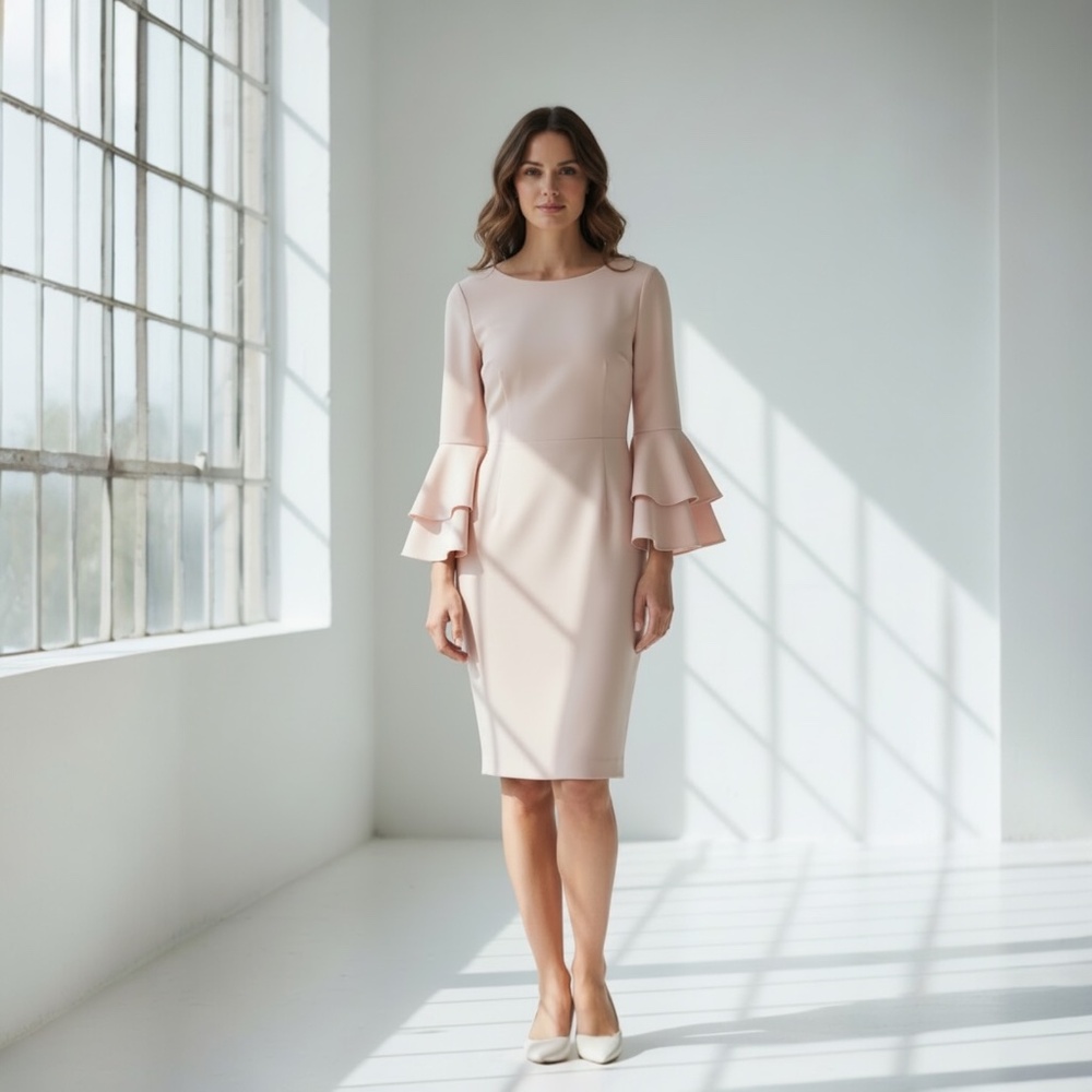 Calvin Klein Dress Ruffle DBL Bell Sleeve Sheath Event Career Chic Light Pink 6 - Picture 14 of 14